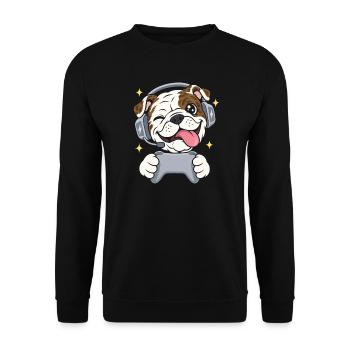 Gaming Englische Bulldogge mit Headset Controller - Unisex Pullover - Schwarz - Vorne - Alina (178cm) & Michal (187cm)