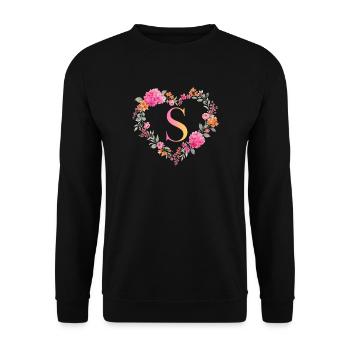 S Monogramm Blumen Herz personalisierbar - Unisex Pullover - Schwarz - Vorne - Alina (178cm) & Michal (187cm)