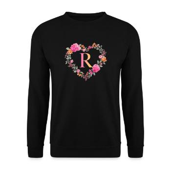 R Monogramm Blumen Herz personalisierbar - Unisex Pullover - Schwarz - Vorne - Alina (178cm) & Michal (187cm)