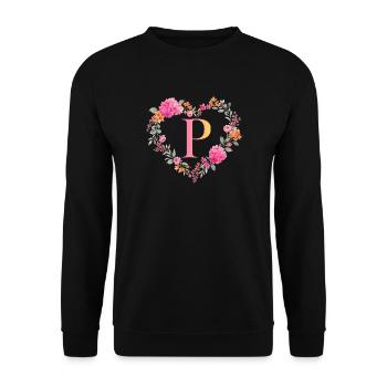 P Monogramm Blumen Herz personalisierbar - Unisex Pullover - Schwarz - Vorne - Alina (178cm) & Michal (187cm)