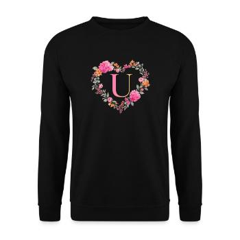 U Monogramm Blumen Herz personalisierbar - Unisex Pullover - Schwarz - Vorne - Alina (178cm) & Michal (187cm)