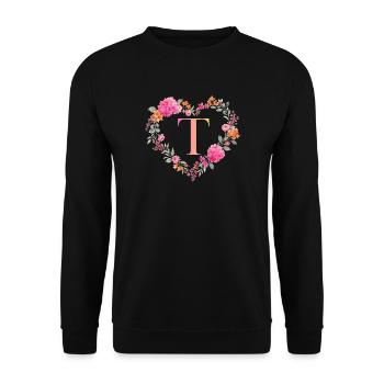 T Monogramm Blumen Herz personalisierbar - Unisex Pullover - Schwarz - Vorne - Alina (178cm) & Michal (187cm)