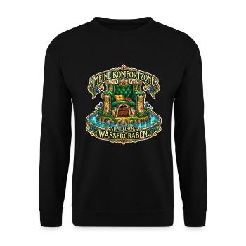 Meine Komfortzone hat einen Wassergraben - Unisex Pullover - Schwarz - Vorne - Alina (178cm) & Michal (187cm)