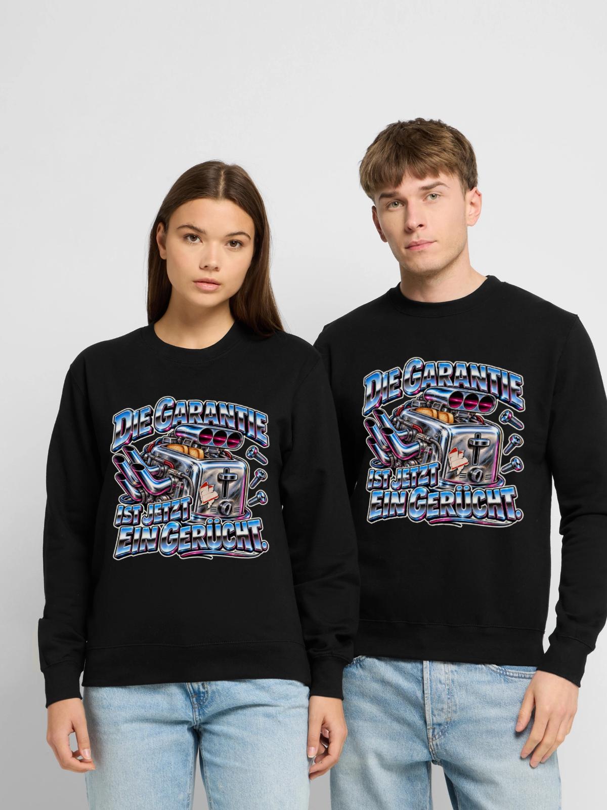 Die Garantie ist ein Gerücht - Unisex Pullover - Schwarz - Vorne - Alina (178cm) & Michal (187cm)