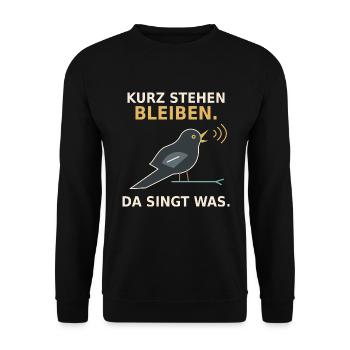 Kurz stehen bleiben – Amsel - Unisex Pullover - Schwarz - Vorne - Alina (178cm) & Michal (187cm)