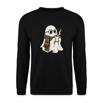 Kaffeegeist mit Brille und Schal - Unisex Pullover - Schwarz - Vorne - Alina (178cm) & Michal (187cm)