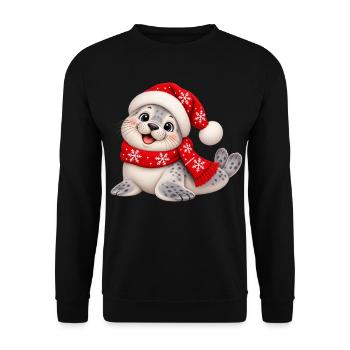 Süße Weihnachtsrobbe mit Nikolausmütze und Schal - Unisex Pullover - Schwarz - Vorne - Alina (178cm) & Michal (187cm)