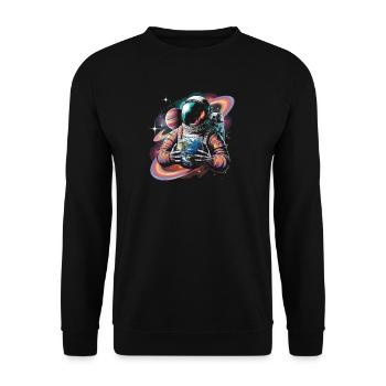 Farbenfroher Astronaut, der Erde und Planeten hält - Unisex Pullover - Schwarz - Vorne - Alina (178cm) & Michal (187cm)