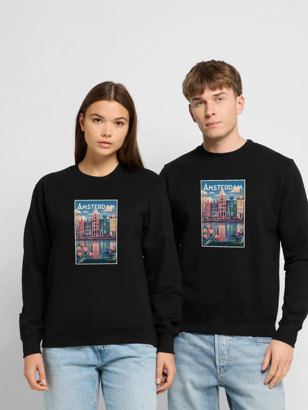 Amsterdamer Kanalporträt - Unisex Pullover - Schwarz - Vorne - Alina (178cm) & Michal (187cm)