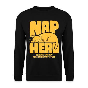 Schlafende Katze – Nap Hero - Unisex Pullover - Schwarz - Vorne - Alina (178cm) & Michal (187cm)
