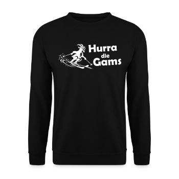 Hurra die Gams – Lustiger Spruch zum Schifahren - Unisex Pullover - Schwarz - Vorne - Alina (178cm) & Michal (187cm)