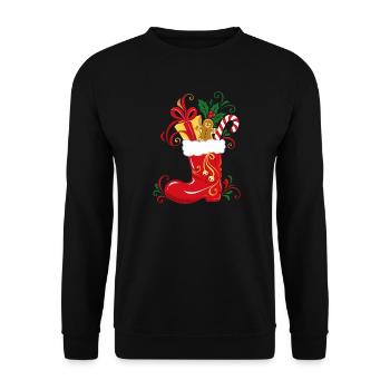 Nikolausstiefel mit Geschenken - Weihnachten - Unisex Pullover - Schwarz - Vorne - Alina (178cm) & Michal (187cm)