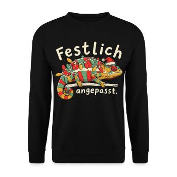 Weihnachts Chamäleon mit Lichterkette und Mütze - Unisex Pullover - Schwarz - Vorne - Alina (178cm) & Michal (187cm)