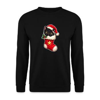 Schwarzes Weihnachtskätzchen in einer Pixel-Art-Socke - Unisex Pullover - Schwarz - Vorne - Alina (178cm) & Michal (187cm)
