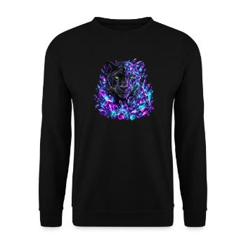 Schwarzer Panther mit grünen Augen und violetten Kristallen - Unisex Pullover - Schwarz - Vorne - Alina (178cm) & Michal (187cm)