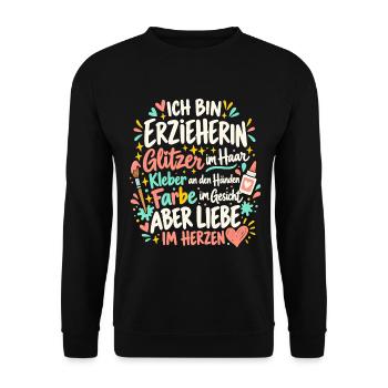 Erzieherin – Glitzer und Liebe im Herzen - Unisex Pullover - Schwarz - Vorne - Alina (178cm) & Michal (187cm)