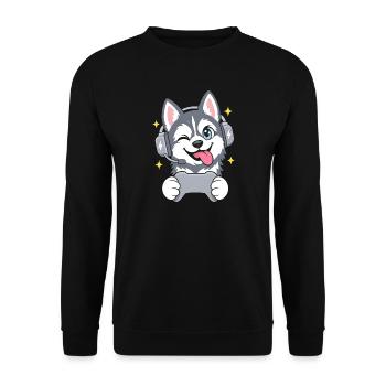 Gaming Sibirischer Husky mit Headset u Controller - Unisex Pullover - Schwarz - Vorne - Alina (178cm) & Michal (187cm)
