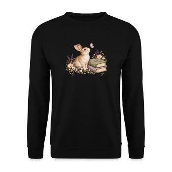 Kaninchen zwischen Büchern und Blumen - Unisex Pullover - Schwarz - Vorne - Alina (178cm) & Michal (187cm)