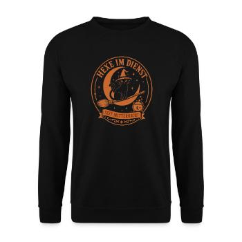 Hexe im Dienst, Vintage Katze Halloween Badge - Unisex Pullover - Schwarz - Vorne - Alina (178cm) & Michal (187cm)