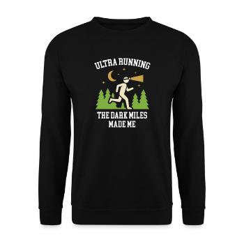 Ultralauf – Die dunklen Meilen haben mich gemacht - Unisex Pullover - Schwarz - Vorne - Alina (178cm) & Michal (187cm)