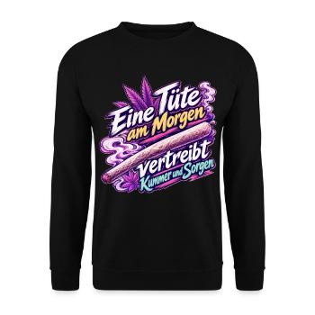 Eine Tüte am Morgen – Lustiger Kiffer Spruch Rosa - Unisex Pullover - Schwarz - Vorne - Alina (178cm) & Michal (187cm)