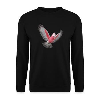 Rosakakadu im Flug – rosa Vogel mit grauen Flügeln - Unisex Pullover - Schwarz - Vorne - Alina (178cm) & Michal (187cm)