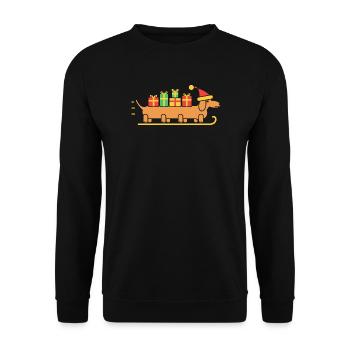Langer Dackel als Schlitten mit Geschenken - Unisex Pullover - Schwarz - Vorne - Alina (178cm) & Michal (187cm)