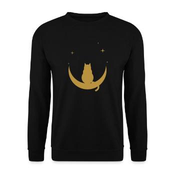 Katze auf dem Mond – goldene, sternenbedeckte Silhouette - Unisex Pullover - Schwarz - Vorne - Alina (178cm) & Michal (187cm)
