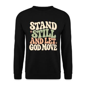 Groovy Amen Steh still und lass Gott sich bewegen - Unisex Pullover - Schwarz - Vorne - Alina (178cm) & Michal (187cm)