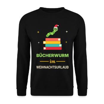 Bücherwurm im Weihnachtsurlaub – Leseratte - Unisex Pullover - Schwarz - Vorne - Alina (178cm) & Michal (187cm)