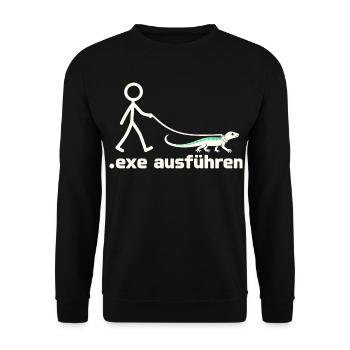 exe ausführen – Eidechse am Strichmännchen - Unisex Pullover - Schwarz - Vorne - Alina (178cm) & Michal (187cm)