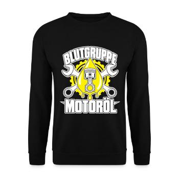 Blutgruppe Motoröl – Schrauber mit Kolben - Unisex Pullover - Schwarz - Vorne - Alina (178cm) & Michal (187cm)