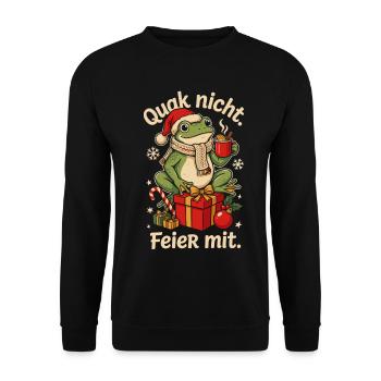 Frosch mit Nikolausmütze und Weihnachtspunsch - Unisex Pullover - Schwarz - Vorne - Alina (178cm) & Michal (187cm)