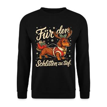 Dackel mit Weihnachtsschlitten und Geschenken - Unisex Pullover - Schwarz - Vorne - Alina (178cm) & Michal (187cm)