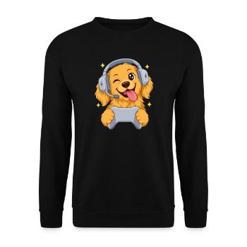 Gaming Golden Retriever mit Headset und Controller - Unisex Pullover - Schwarz - Vorne - Alina (178cm) & Michal (187cm)