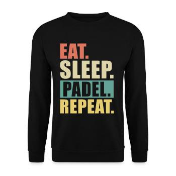 Essen, schlafen, Padel wiederholen, Tee wiederholen. - Unisex Pullover - Schwarz - Vorne - Alina (178cm) & Michal (187cm)