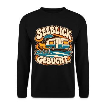 Seeblick gebucht – Retro Camping im Regen - Unisex Pullover - Schwarz - Vorne - Alina (178cm) & Michal (187cm)