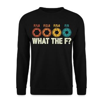 Fotografenfotografie-Blende: Was zum F? - Unisex Pullover - Schwarz - Vorne - Alina (178cm) & Michal (187cm)