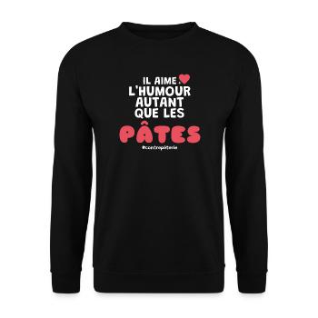 Humor und Pasta Geschenk für Paar - Unisex Pullover - Schwarz - Vorne - Alina (178cm) & Michal (187cm)