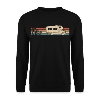 Eat Sleep Explore Repeat Wohnwagen Spruch - Unisex Pullover - Schwarz - Vorne - Alina (178cm) & Michal (187cm)