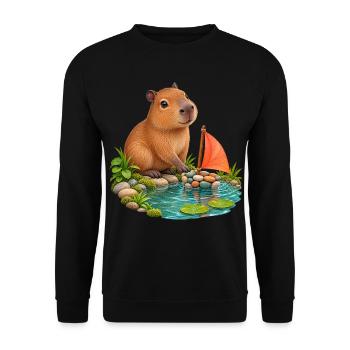 Kleines Capybara am Kieselboot - Unisex Pullover - Schwarz - Vorne - Alina (178cm) & Michal (187cm)