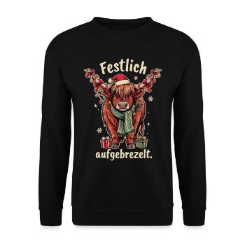 Schottisches Hochlandrind Weihnachtsspruch - Unisex Pullover - Schwarz - Vorne - Alina (178cm) & Michal (187cm)