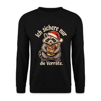 Waschbär mit Weihnachtsmütze und Lebkuchen - Unisex Pullover - Schwarz - Vorne - Alina (178cm) & Michal (187cm)