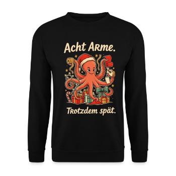 Weihnachtskrake mit Nikolausmütze und Geschenken - Unisex Pullover - Schwarz - Vorne - Alina (178cm) & Michal (187cm)