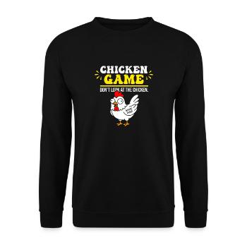 Chicken Game: Nicht Auf Das Huhn Schauen - Unisex Pullover - Schwarz - Vorne - Alina (178cm) & Michal (187cm)