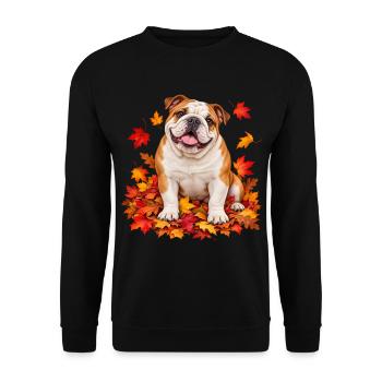 Herbstbulldog auf Laubteppich - Unisex Pullover - Schwarz - Vorne - Alina (178cm) & Michal (187cm)
