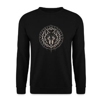 Der Wolfskopf in Ketten im Runenkreis - Unisex Pullover - Schwarz - Vorne - Alina (178cm) & Michal (187cm)