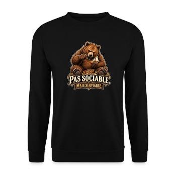 Nicht gesellig, aber hilfsbereit – lustiger Handwerkerbär - Unisex Pullover - Schwarz - Vorne - Alina (178cm) & Michal (187cm)
