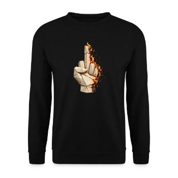 Flammender Origami-Mittelfinger – Humor - Unisex Pullover - Schwarz - Vorne - Alina (178cm) & Michal (187cm)