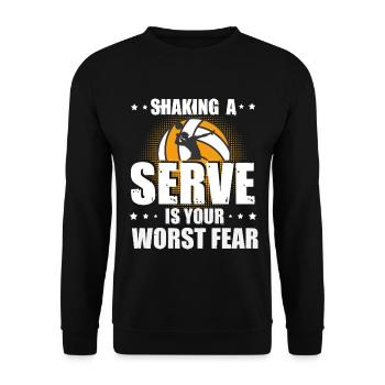 Shaking a Serve – Volleyball Aufschlag Spruch - Unisex Pullover - Schwarz - Vorne - Alina (178cm) & Michal (187cm)